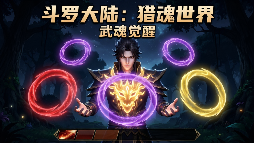 画面主体为一名魂师双手托举发光武魂,身前悬浮着红、紫、黄三色魂环,背景为星斗大森林夜色场景;布局采用中心对称构图,人物居中,魂环环绕四周,底部留出技能栏位置;排版顶部加粗文字“斗罗大陆:猎魂世界”与副标题“武魂觉醒”;风格为玄幻CG质感,光影对比强烈;细节包括武魂表面的能量纹路、魂环光晕层次、背景树木剪影;画质精致,干净无多余元素