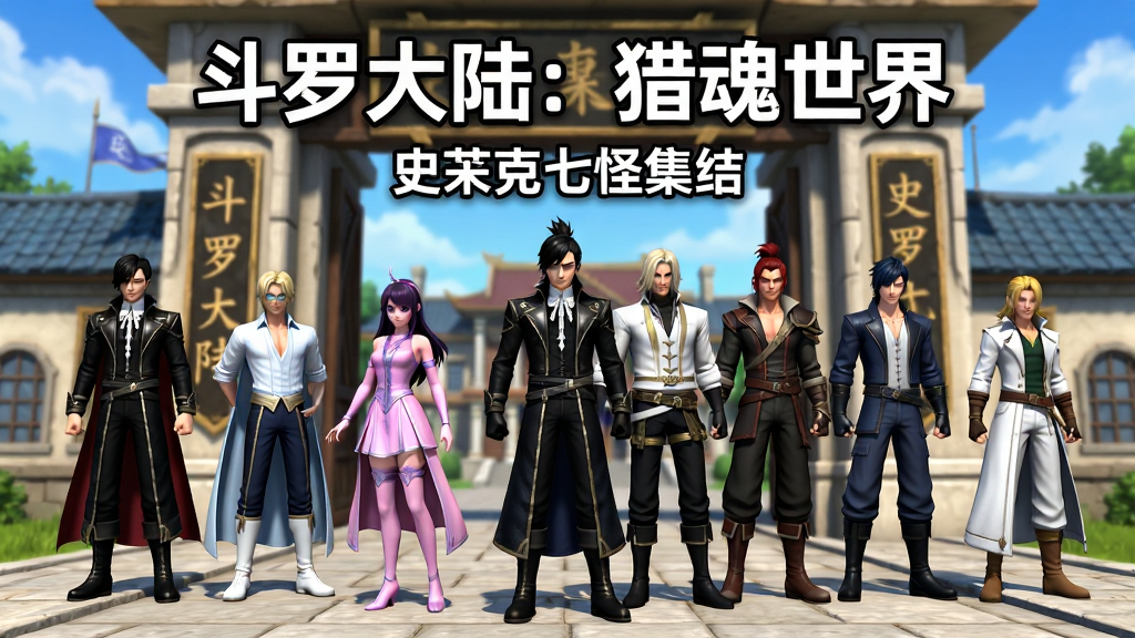 画面主体为史莱克七怪全员合影站在史莱克学院大门前,人物包括唐三、小舞、戴沐白等经典角色;布局采用横向排列,人物一字排开,背景为学院建筑与蓝天;排版上方居中加粗文字“斗罗大陆:猎魂世界”,下方小字“史莱克七怪集结”;风格为3D国漫渲染,色彩鲜艳明快;细节包括人物服饰纹理、学院牌匾文字、地面石板路;画质高清,干净无多余元素