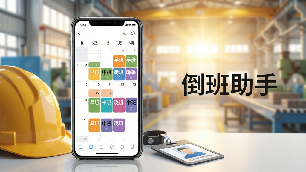 画面主体是一部智能手机竖屏展示日历排班界面,屏幕上用不同颜色色块标注早班中班晚班,手机旁边放着安全帽和工牌,背景是虚化的工厂车间与晨光,布局为手机居中偏左、右侧留白放置简洁文字排版,风格为现代扁平化UI展示风,细节包括日历网格清晰、班次色块分明、手机边框有轻微反光,画质高清干净无多余元素,图片中打文字“倒班助手”