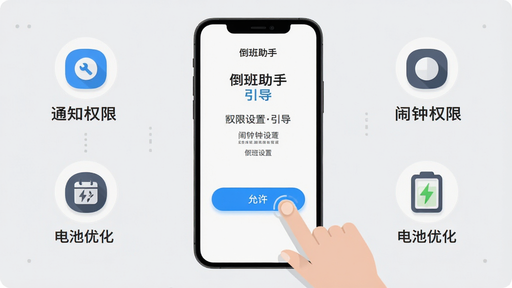 画面主体是手机屏幕展示倒班助手权限设置引导页,旁边有手指点击“允许”按钮的动作示意,布局为手机居中、四周用图标标注通知权限闹钟权限电池优化三项,风格为扁平化教程示意图风,细节包括权限图标简洁、按钮高亮、背景浅灰,画质高清干净无多余元素,图片中打文字“倒班助手”