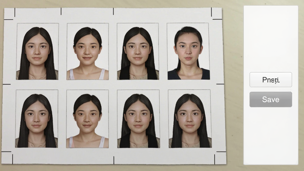 一张展示证件照排版打印预览的图片,画面为一张六寸相纸布局,上面排列着八张相同的一寸证件照,旁边有打印按钮和保存按钮,风格为打印预览界面,配色以白色和浅灰为主,细节上相纸边缘有裁切线,背景为浅色桌面,画质清晰,无多余元素