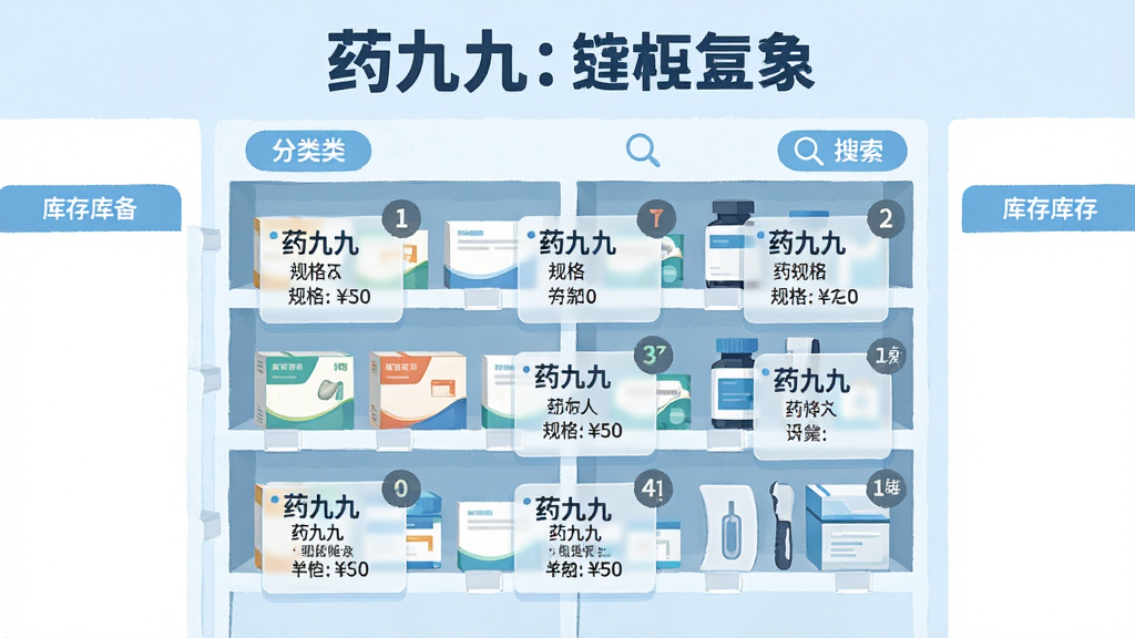 主体为一张展开的虚拟药品货架图,货架分层摆放不同包装的药盒与器械盒,每层货架前悬浮半透明的商品信息卡片,卡片上写有