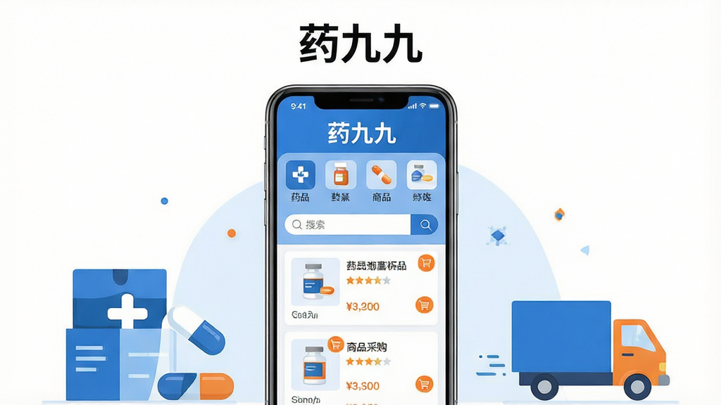 主体为一部竖屏智能手机,屏幕中央展示蓝白色调的医药B2B采购应用界面,界面顶部写有