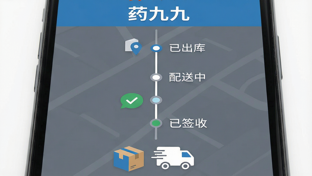 主体为手机屏幕特写,屏幕显示订单物流跟踪页面,页面顶部写有