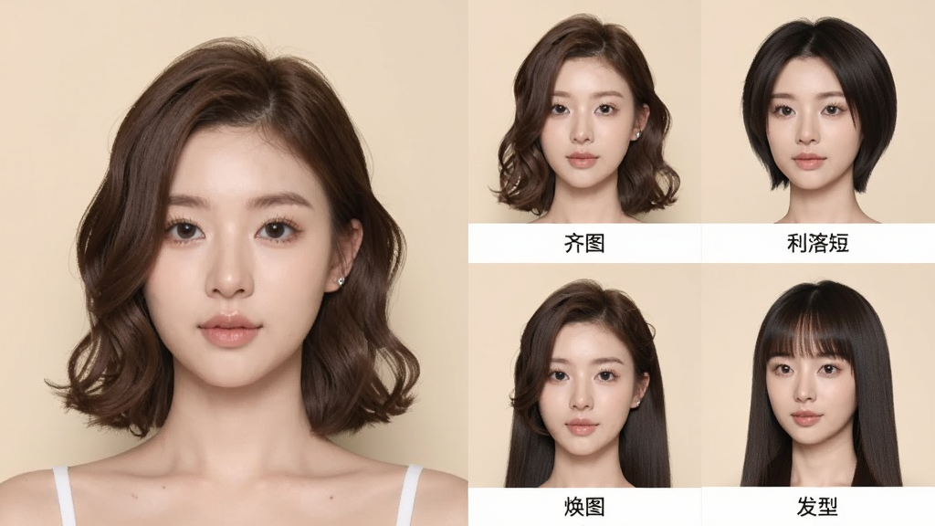 一位年轻女性正面半身照位于画面左侧,右侧并排展示同一张脸搭配三款不同发型的效果图,三款发型分别为齐肩卷发、利落短发、长直发带刘海;布局为左右对比式排版,左侧原图略大,右侧三张小图纵向排列;风格为美妆类对比展示风,背景为浅米色纯色;细节上人物面部清晰,发丝边缘过渡自然,每张小图下方留有空白区域用于放置发型名称文字;画质干净清晰,无杂乱背景元素,突出“焕图”换发型功能的对比效果</p>