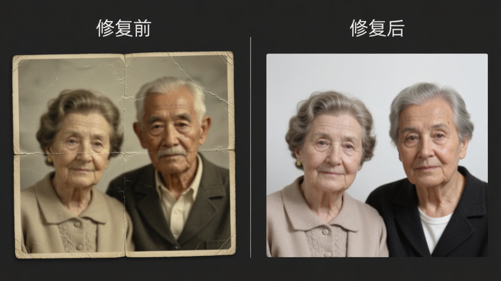 画面左侧是一张泛黄模糊的老照片,照片中是一对老年夫妇的半身像,右侧是同一张照片经过修复后的清晰版本,肤色自然、五官清晰、背景干净;布局为左右对比排版,中间用一条细竖线分隔,上方分别标注“修复前”与“修复后”文字;风格为怀旧与清晰对比的展示风,背景为深灰色以突出照片;细节上老照片带有轻微折痕与噪点,修复图边缘干净;画质清晰,无多余元素</p>