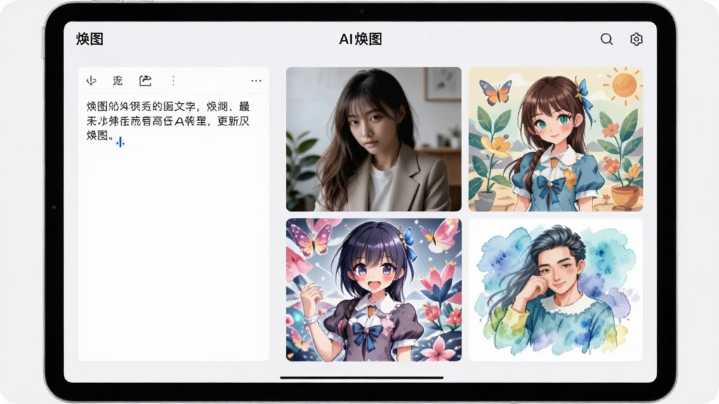 画面中央是一台平板电脑横屏展示“焕图”AI生图界面,左侧为文字输入框,框内可见一段中文描述文字,右侧为四张并排生成的风格图,分别为写实风、插画风、动漫风、水彩风,四张图内容主题一致但风格各异;布局为左输入右输出的工作台式排版;风格为简洁的软件界面展示风,浅灰背景;细节上输入框有光标闪烁效果,生成图带有细边框分隔,界面顶部有“焕图”logo;画质清晰干净,无多余装饰元素</p>