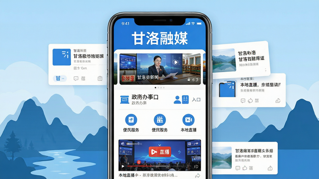 画面主体为一台竖屏智能手机,屏幕中央展示资讯类应用首页界面,顶部有醒目的“甘洛融媒”四个字,页面布局包含新闻轮播图、政务办事入口、便民服务图标与本地直播板块;手机周围环绕甘洛山水剪影与资讯卡片元素,整体采用蓝白清新配色,扁平化UI风格,细节清晰,画质干净,无多余装饰元素