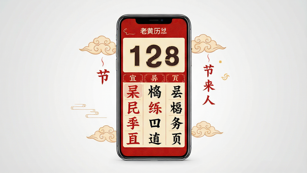 一张手机应用界面展示图,画面中央是一部竖屏智能手机,手机屏幕上显示老黄历大字版的主界面,日期数字硕大醒目,宜忌内容以红黑双色大字排列,背景为传统中国红与米黄配色,界面干净无广告,手机周围点缀着淡淡的祥云纹样与农历节气元素,整体风格喜庆祥和,画质清晰,构图居中,背景为浅灰色渐变,无多余杂乱元素