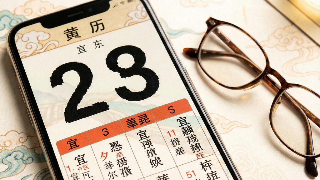 一张老黄历大字版功能展示图,画面中手机屏幕特写放大,展示超大号的日期数字与宜忌文字,文字边缘清晰锐利,背景为柔和的中国风底纹,手机旁边放置一副老花镜作为点缀,突出大字阅读的便利性,整体风格温馨实用,画质细腻,光线明亮,构图简洁干净