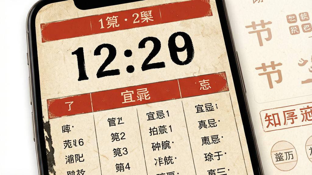 一张老黄历大字版界面风格示意图,画面展示手机应用主屏,屏幕内容布局简洁,上方为大号日期,下方为分栏排列的宜忌条目,整体采用米黄色纸质纹理背景搭配朱红色标题栏,风格素雅传统,画面右侧隐约可见节气图标与农历月份标识,整体干净利落,画质高清,无广告横幅元素