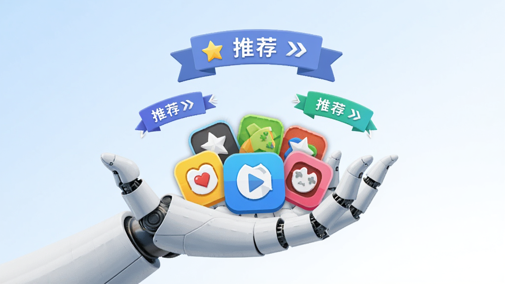 画面主体为一只机械手掌托起多个彩色游戏图标,图标上方有推荐标签飘带,布局为居中构图并留白充足,排版干净利落,风格为轻科技扁平风,细节上标签带有星形与箭头符号,背景为浅蓝到白的柔和渐变,画质高清,无多余元素