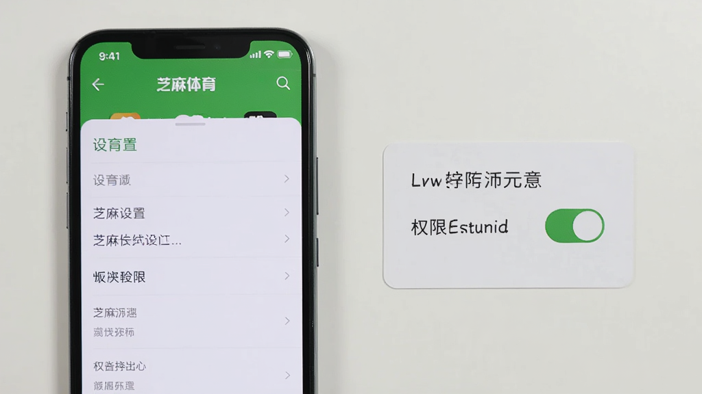 一部手机屏幕显示芝麻体育应用设置页面,旁边放置一张写有权限开关示意的小卡片,画面采用俯拍视角,桌面整洁,光线均匀,风格为简洁产品说明图,画质清晰,无多余元素