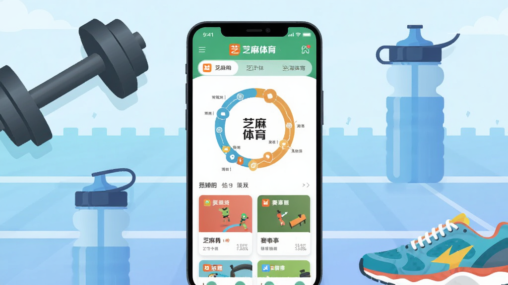 画面主体为一部竖屏智能手机,手机屏幕中央展示芝麻体育应用首页界面,界面内有运动轨迹环形图与赛事卡片排版;手机两侧布置哑铃、运动水壶与跑鞋等运动配件,背景为浅蓝色渐变运动场跑道;整体采用扁平化矢量插画风格,细节干净利落,色彩明快清爽,画质清晰,无多余装饰元素