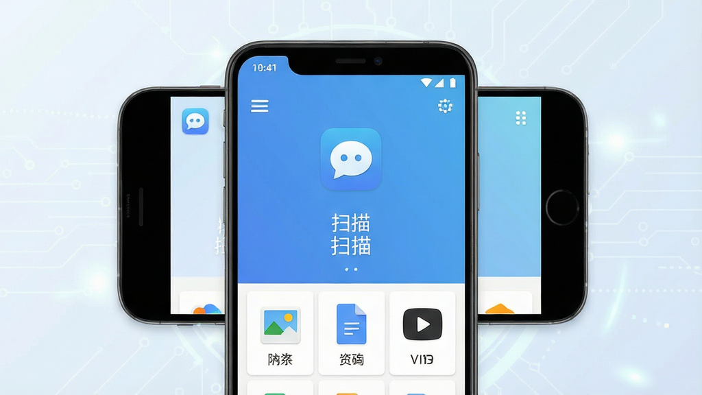 一张展示安卓手机数据恢复中心软件主界面的图片,画面中央是手机屏幕,屏幕上显示数据恢复中心的应用图标和简洁的扫描功能入口,背景为浅色渐变科技感风格,布局干净整洁,细节包含文件类型图标如照片、文档、视频分类,画质清晰,无多余元素
