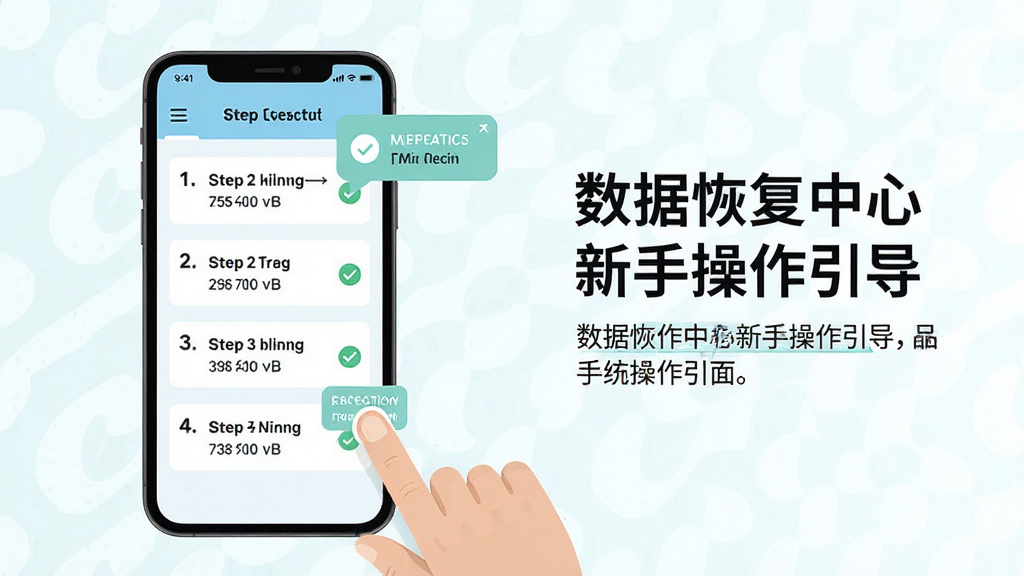 一张展示数据恢复中心新手操作引导页面的图片,画面主体为手机屏幕显示分步骤操作指引和提示气泡,屏幕旁有手指点击的示意动作,布局为左侧手机右侧文字说明的排版,风格为明亮清新的扁平化设计,细节包含步骤序号和勾选标记,画质清晰干净,无多余元素
