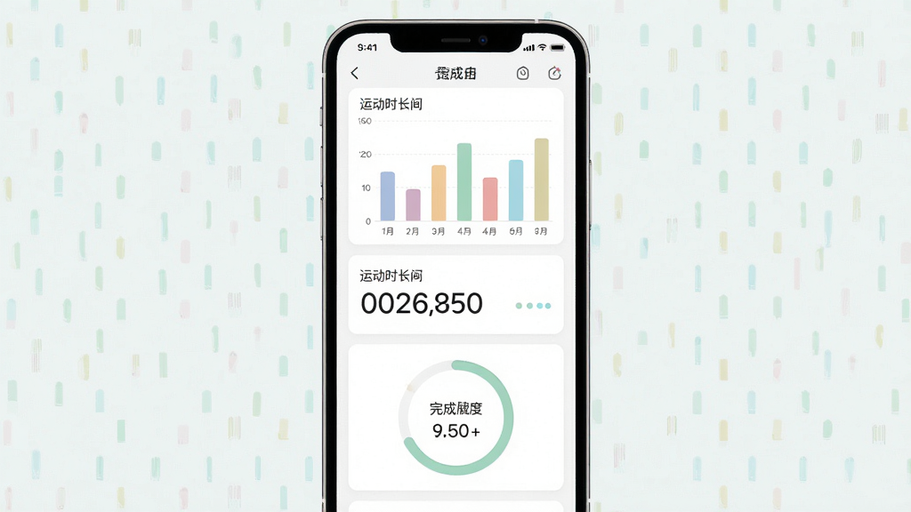 一张展示运动数据统计页面的图片,画面主体为手机屏幕上的运动数据面板,包含柱状图、运动时长数字和完成度圆环,布局为手机竖屏居中展示,风格为清新简约的数据可视化风格,细节包括图表配色柔和、数字清晰、背景干净,画质清晰,无多余元素