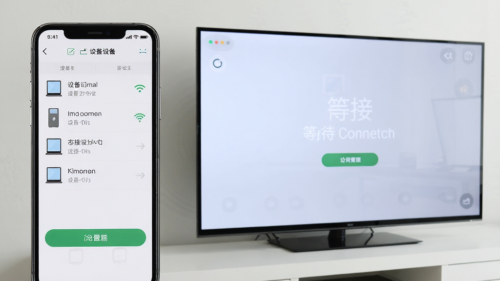 一张展示手机与电视设备连接设置界面的图片,画面主体为手机屏幕上的设备搜索与连接页面,旁边有电视屏幕显示等待连接状态,布局为左右并排展示,风格为数码产品使用场景摄影风,细节包括手机界面中的设备列表、WiFi图标、连接按钮,画质清晰,画面干净,无多余元素