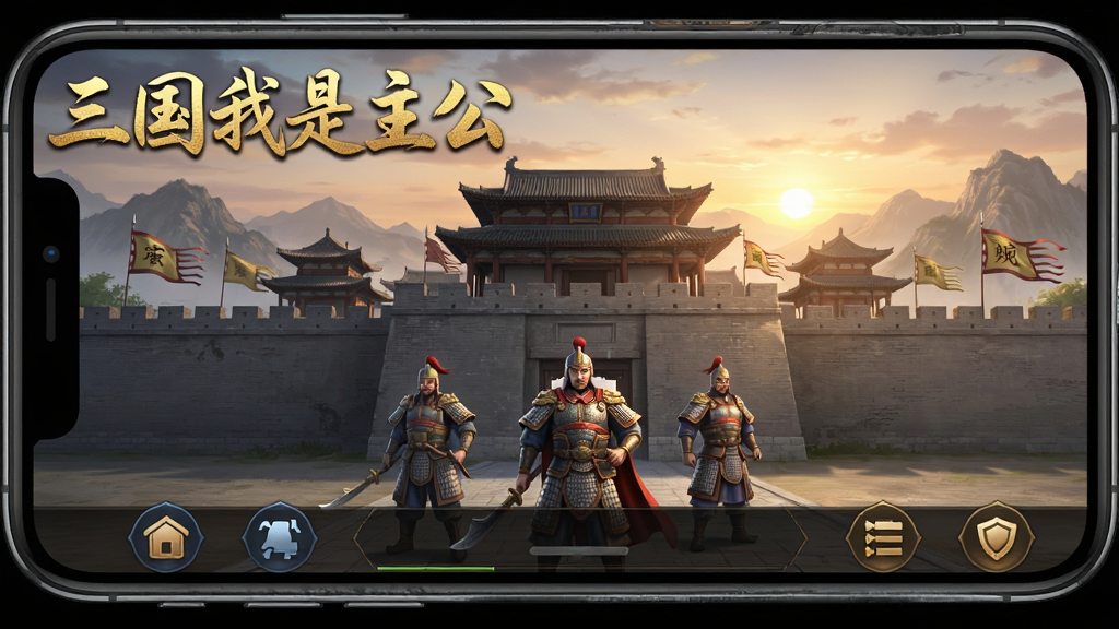 手机横屏游戏界面截图风格,画面中央是一座古代中国城池,城墙上有旗帜飘扬,城门外站着三位身披铠甲的武将,背景是连绵山脉与夕阳,画面左上角用金色毛笔字体写着