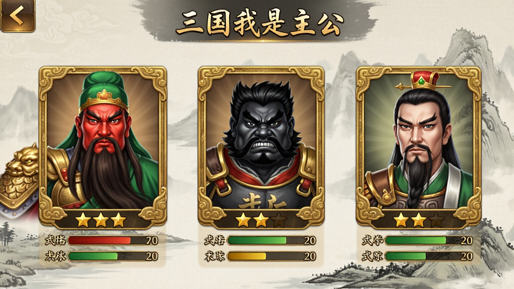 国风卡牌游戏武将展示界面,画面中并列展示三张武将卡牌,从左到右分别是红脸长须的关羽、黑脸张飞与白面刘备,卡牌边框为金色浮雕纹样,每张卡牌下方有星级标识与属性数值条,背景是淡雅的水墨山水,画面顶部有