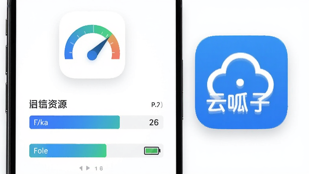 主体为手机屏幕显示资源占用仪表盘与云呱子应用图标并列,布局为上方图标下方数据条,排版整齐,风格为简约商务蓝白配色,细节包括内存条、电量图标与柔和阴影,画质高清、干净、无多余元素