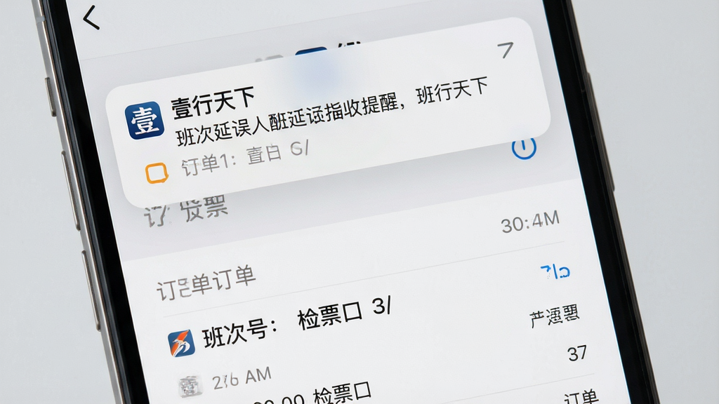 一张展示手机推送通知的界面图,画面为一部手机屏幕特写,屏幕上方弹出“壹行天下”班次延误提醒通知卡片,下方为订单详情页面,背景为浅灰色,布局简洁纵向排列,风格为真实App界面截图感,细节包含时间、班次号、检票口等文字信息,画质高清干净,无多余元素