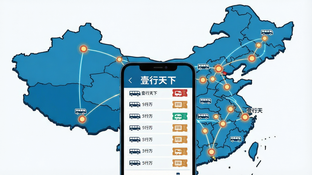 一张表现全国联网售票概念的插画,画面主体为中国地图轮廓,地图上分布多个城市节点并用线条相连,中央放置一部手机,手机屏幕显示“壹行天下”班线列表,布局为地图在后手机在前,风格为科技感扁平插画,细节包含客车图标与票务标识,画质清晰干净,无多余元素