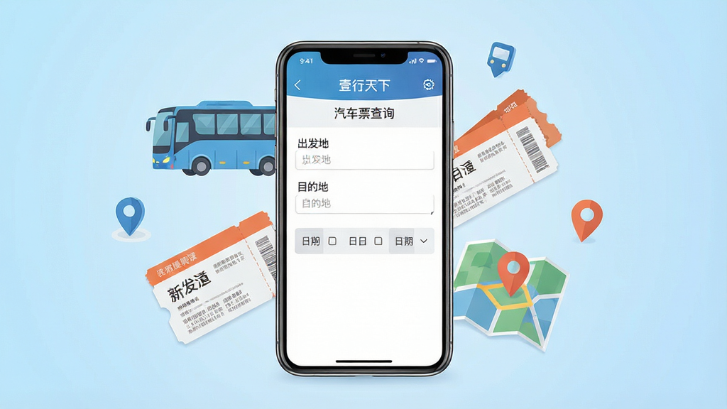一张展示手机购票应用界面的场景图,画面中央是一部竖屏智能手机,屏幕上显示“壹行天下”汽车票查询页面,包含出发地、目的地输入框与日期选择栏,手机周围环绕着客车、车票、地图定位图标等元素,背景为浅蓝色渐变,整体布局居中对称,风格简洁现代扁平化,细节清晰,画质干净高清,无多余元素
