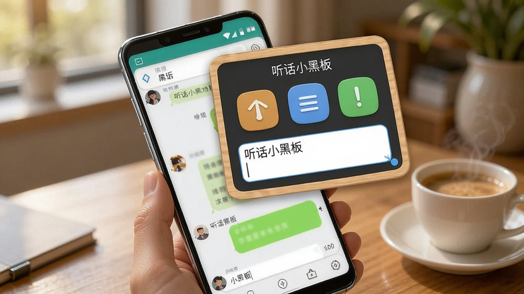 一张AI生成的场景图,画面展示一部安卓手机正在运行聊天软件,屏幕上方悬浮着一个名为