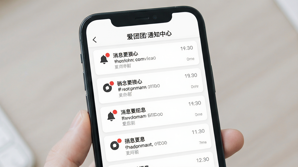 一张爱团团消息通知中心的手机界面图,画面主体为手机屏幕中的消息列表页面,布局为顶部标题栏与下方按时间排列的消息卡片,排版简洁纵向延伸,风格为清爽的极简通知流设计,细节包括铃铛图标、未读红点与时间戳,画质清晰干净无多余元素