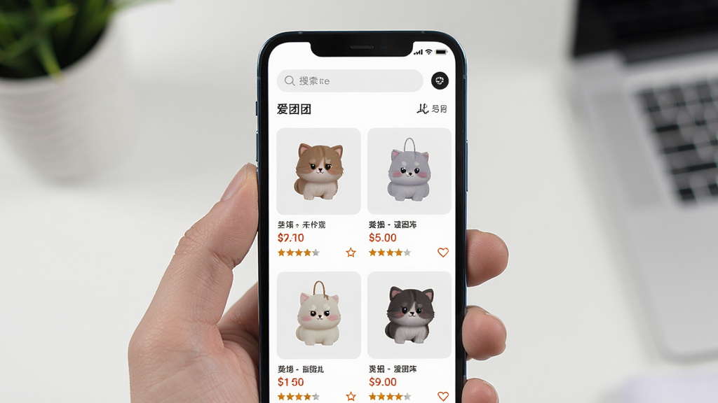 一张爱团团精选商品浏览页面的场景图,画面主体为手机屏幕中展示的电商商品列表,布局为顶部搜索栏与下方双列商品卡片,排版规整有序,风格为简约电商视觉风,细节包括商品缩略图、价格标签与评分星级,画质高清干净无多余元素