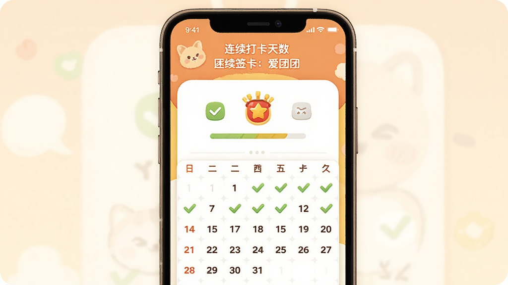 一张展示爱团团每日签到打卡功能的界面图,画面主体为手机屏幕中的签到日历面板,布局为上方显示连续打卡天数下方为日历网格,排版居中对称,风格为温暖活泼的插画风,细节包括打勾标记、奖励图标与进度条,画质清晰干净无多余元素
