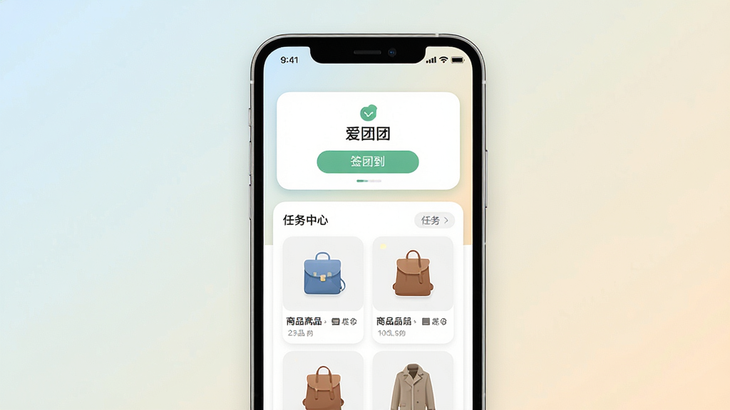 一张手机屏幕展示爱团团应用主界面的场景图,画面中央是一部竖屏智能手机,屏幕内呈现打卡签到、商品列表与任务中心三个模块,布局为上下结构上方为签到卡片下方为商品瀑布流,排版整齐留白适中,风格为清爽现代的扁平化UI设计,细节包括圆角图标、柔和阴影与浅色渐变背景,画质高清干净无多余元素