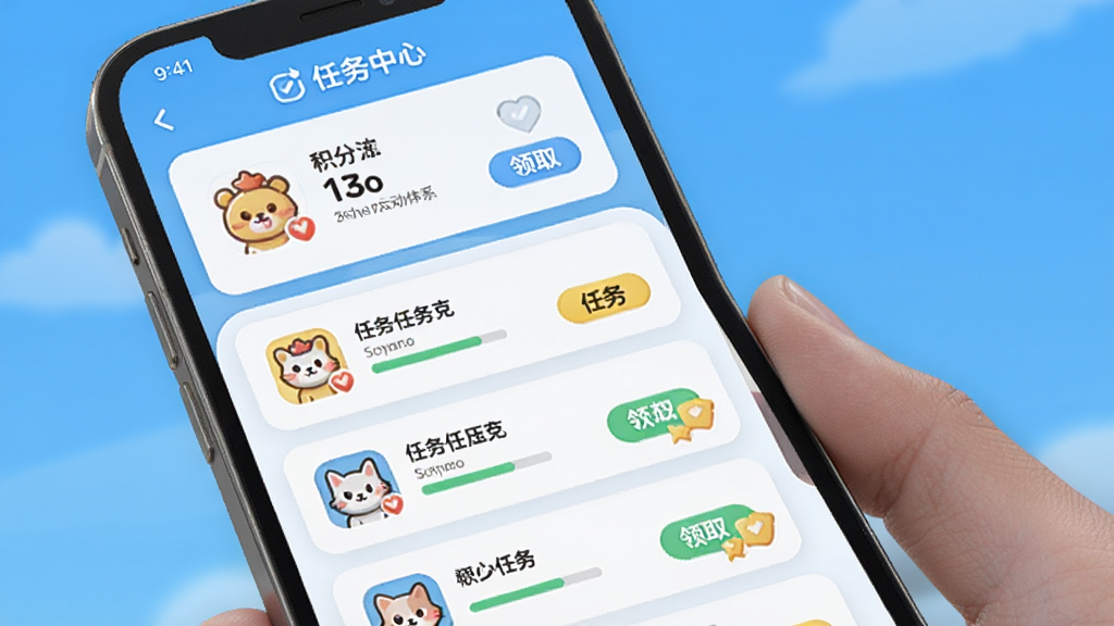一张展示爱团团任务互动体系的界面图,画面主体为手机屏幕中的任务中心页面,布局为上方积分总览卡片下方为任务列表条目,排版清晰分层,风格为轻快明亮的卡片式设计,细节包括任务图标、进度状态与领取按钮,画质清晰干净无多余元素
