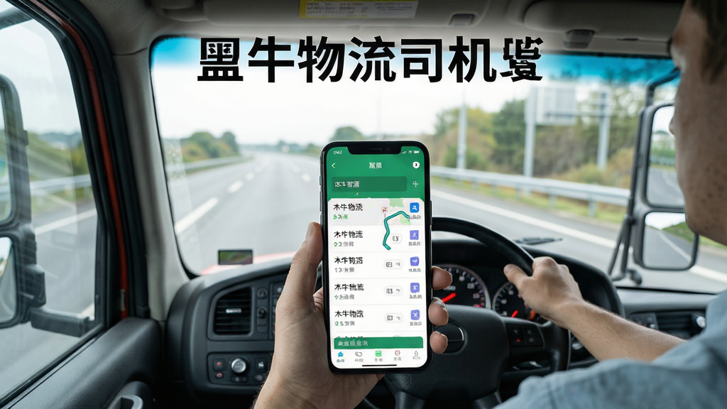 主体为一辆行驶在高速公路上的厢式货车,驾驶室内司机手持安卓手机查看木牛物流-司机版接单界面,手机屏幕显示货源列表与地图路线,布局采用居中构图突出手机与货车,排版上方留白放置软件名称文字,风格为写实商业摄影风,细节包含车窗反光、仪表盘、手机界面图标清晰可辨,画质高清干净无多余元素