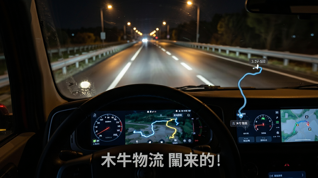 主体为货车行驶在夜间公路上、中控台手机显示木牛物流-司机版轨迹记录界面,布局为第一人称驾驶视角,排版下方留白放置软件名称文字,风格为写实夜景摄影风,细节包含车灯照亮路面、手机屏幕轨迹线条、时间节点标签,画质高清干净无多余元素