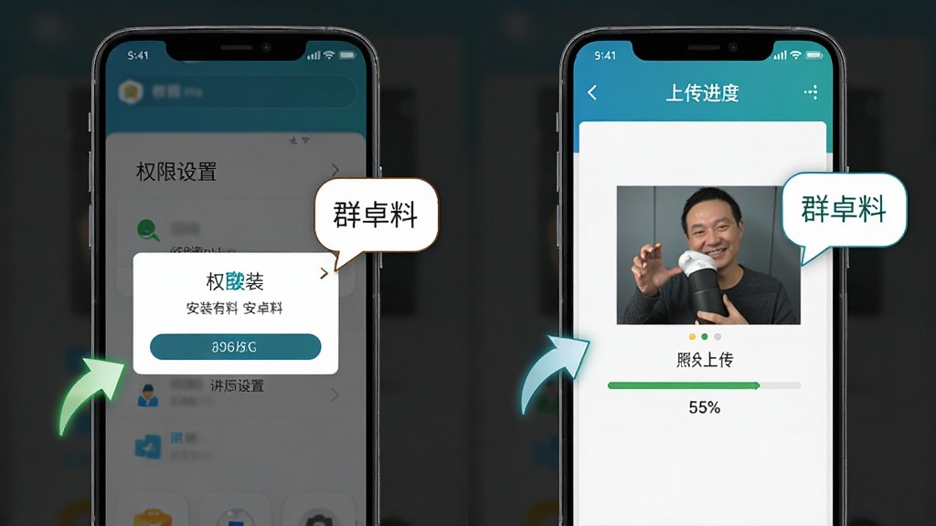Ⱥ���ϰ�׿��ʹ�ý̳�ʾ��ͼ������Ϊ�ֻ���Ļչʾ��װȨ�޵�������Ƭ�ϴ����Ƚ��棬����Ϊ���������Աȣ����ΪȨ������ҳ�棬�Ҳ�Ϊ�ϴ�����ҳ�棬�Ű�����ֱ�ۣ����Ϊ�̳������չʾ��ϸ�ڰ���������ͷ����ʾ��������Ȱٷֱȣ���������������ɾ����޶���Ԫ��