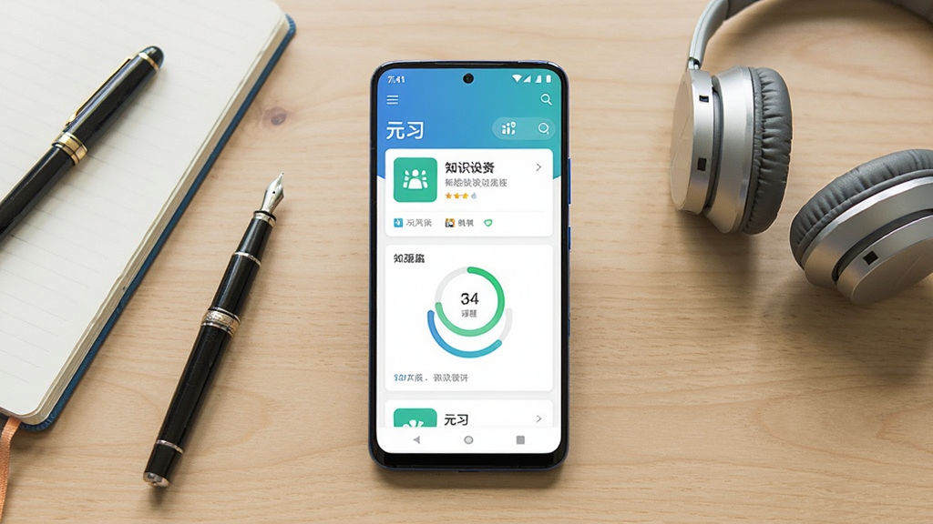 一张展示移动学习应用界面的场景图,画面中央是一部竖屏安卓手机,屏幕上显示