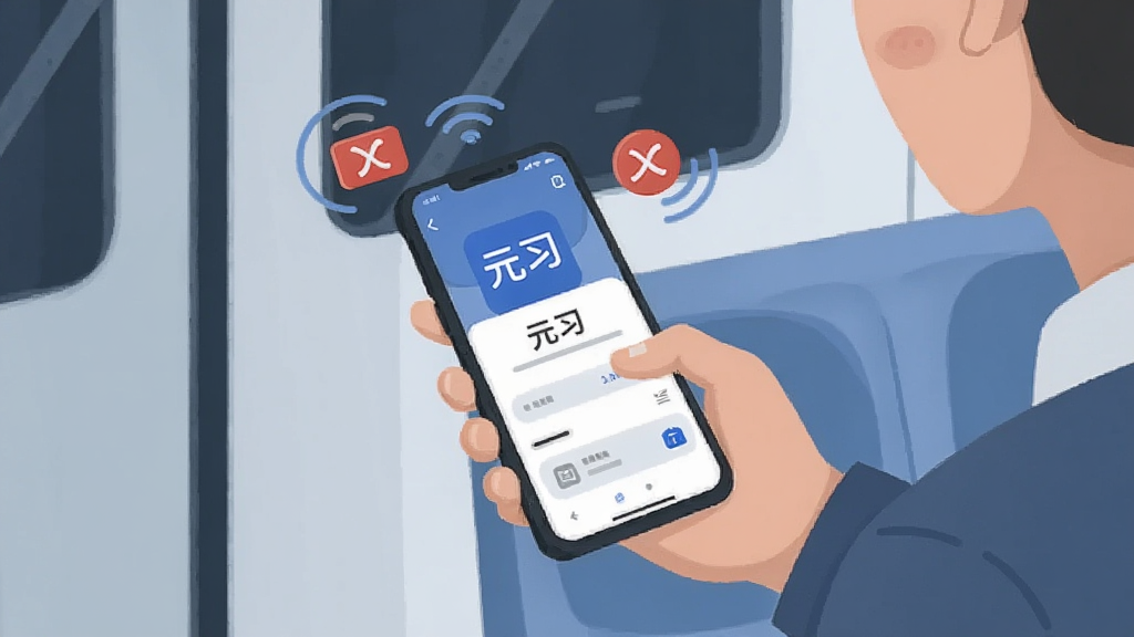 一张表现离线学习场景的插画,画面中一个人坐在地铁车厢里手持手机,手机屏幕显示