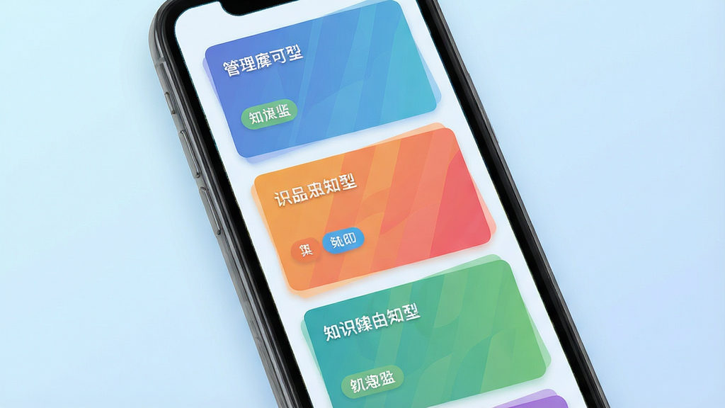 一张展示知识卡片管理的界面示意图,画面主体为一部手机屏幕,屏幕上整齐排列着多张彩色知识卡片,每张卡片带有简短文字标题和标签,背景为淡蓝色渐变,采用扁平化UI插画风格,布局清晰有层次,细节精致,画质干净,无多余元素
