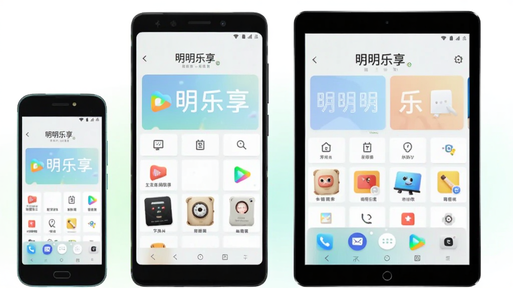 画面展示三部不同尺寸的安卓设备并排摆放,从左到右依次为小屏手机、大屏手机与平板电脑,三块屏幕内均显示“明明乐享”的界面布局,界面元素随屏幕尺寸自动调整排列,背景为白色到浅绿色的柔和渐变,风格为产品展示类插画,画质干净,细节清晰