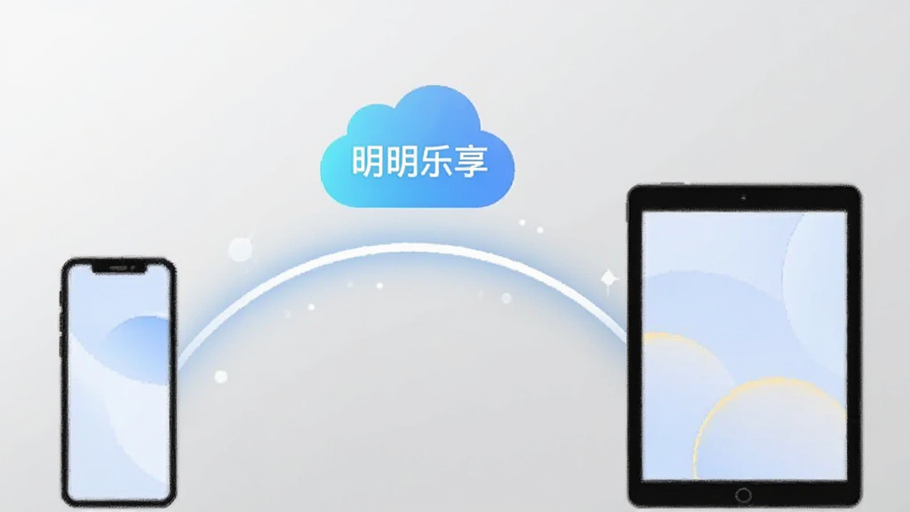 画面左侧是一部手机,右侧是一台平板电脑,两者之间用一条发光的弧线连接,弧线上方悬浮一朵云朵图标,云朵内显示“明明乐享”字样,背景为浅灰色渐变,风格为简约扁平插画,构图对称,画质清晰,无杂乱元素