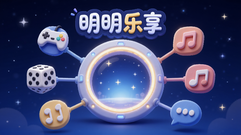 画面中心是一个发光的圆形入口,周围放射状连接着游戏手柄、骰子、音符、聊天气泡等立体小图标,入口正上方悬浮“明明乐享”文字标识,背景为深蓝色星空渐变,风格为科技感插画,光线柔和,细节清晰,画质干净