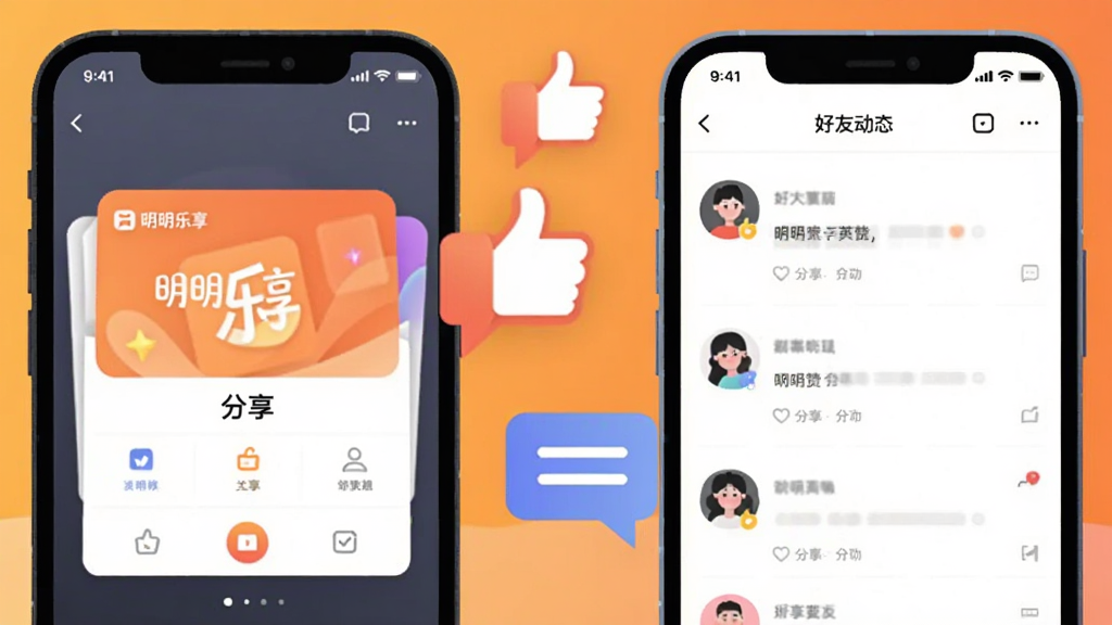 画面中央是两块并排的手机屏幕,左侧手机显示“明明乐享”的分享卡片生成界面,右侧手机显示好友动态列表,屏幕之间漂浮着点赞手势与对话气泡图标,背景为暖橙色渐变,风格为社交类扁平插画,构图饱满,画质清晰,无多余装饰