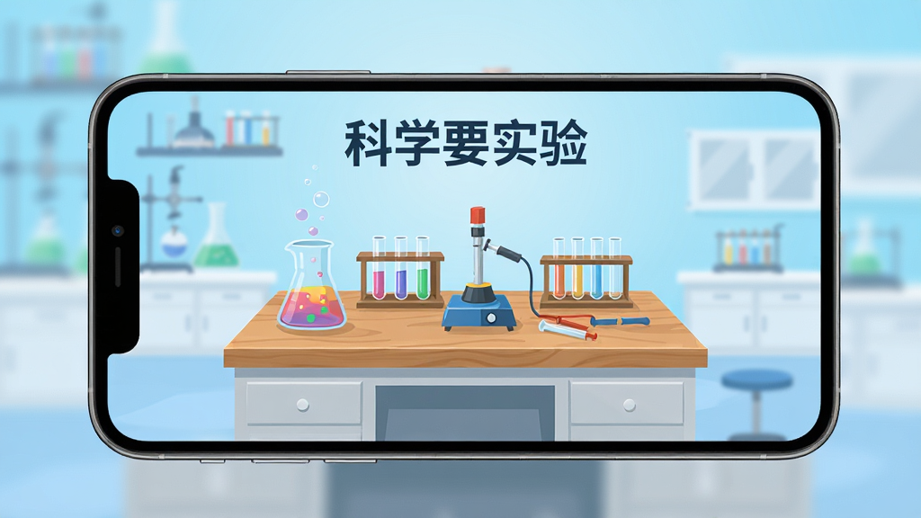画面主体为一台智能手机横屏展示科学要实验软件界面,界面中央是虚拟化学实验台,摆放着烧杯、试管、酒精灯等实验器材,屏幕上方显示软件名称“科学要实验”,布局采用居中构图手机占画面主体,背景为浅蓝色渐变实验室场景虚化,风格为清新扁平化插画,细节包括烧杯中的彩色液体、气泡上升效果、实验台木质纹理,画质高清干净无多余元素