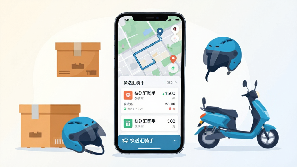画面主体为一台竖屏智能手机,屏幕中央展示同城配送骑手接单应用界面,界面上方有地图路线与订单卡片,下方有