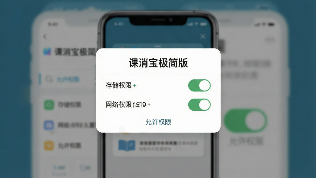 一幅“课消宝极简版”安装与权限设置引导示意图,主体为手机屏幕显示权限授权弹窗,布局为弹窗居中、背景虚化,风格扁平化教程图,细节包含存储权限与网络权限的开关按钮,画质清晰,画面内文字标注“课消宝极简版”与“允许权限”,整体干净无多余元素