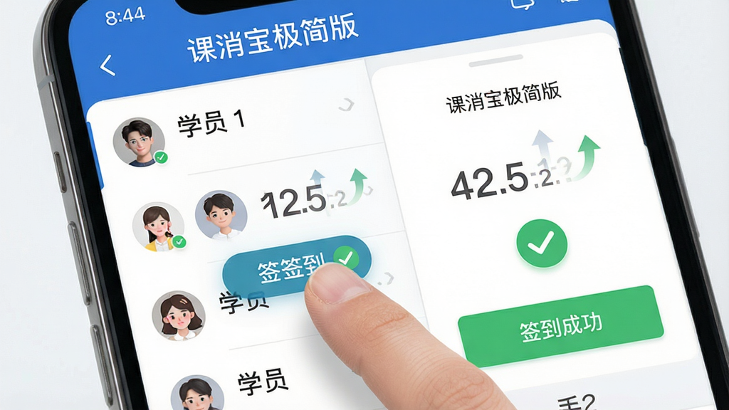 一张展示“课消宝极简版”课时扣减操作流程的示意图,主体为手机屏幕特写,画面中手指正在点击学员头像旁的签到按钮,布局为左侧学员列表右侧操作反馈,风格简约商务,细节包含数字递减动画与绿色对勾图标,画质高清,屏幕内文字标注“课消宝极简版”与“签到成功”,画面干净无杂乱元素