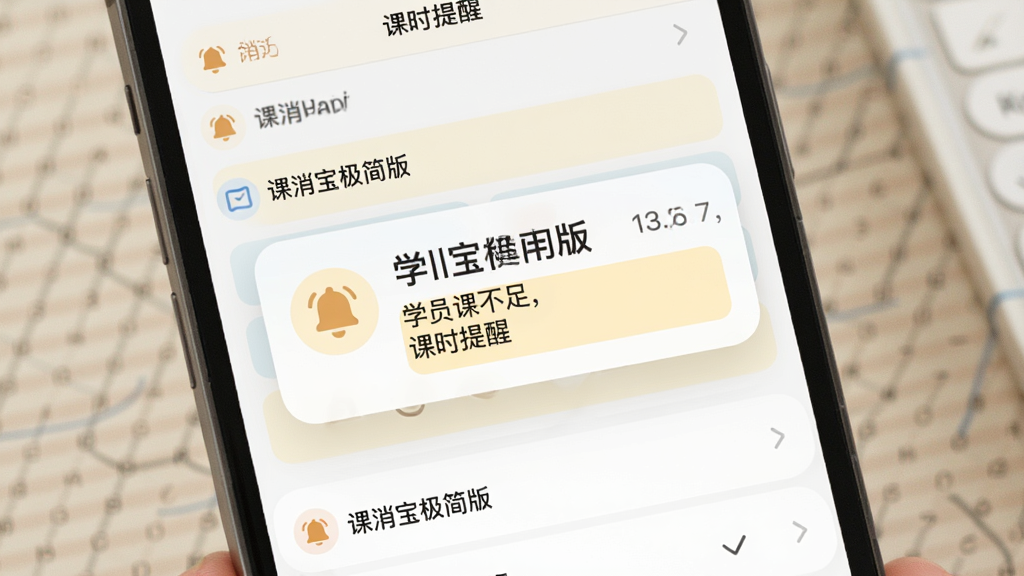 一幅“课消宝极简版”课消提醒功能的场景图,主体为手机屏幕弹出温馨提醒通知,通知内容显示学员课时不足,布局为通知卡片悬浮于课表背景之上,风格柔和圆角,细节包含铃铛图标与浅黄色警示色块,画质清晰,画面内文字包含“课消宝极简版”与“课时提醒”,整体干净整洁