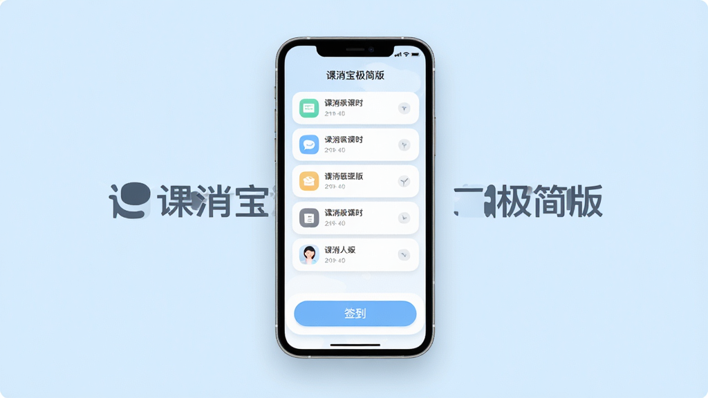 一款名为“课消宝极简版”的手机应用界面展示图,主体为悬浮在浅蓝色背景中的智能手机,屏幕内显示简洁的课时列表与签到按钮,布局居中对称,风格清新扁平化,细节包含圆角图标与柔和阴影,画质清晰干净,画面中带有“课消宝极简版”文字标识,无多余装饰元素